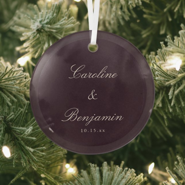 Classic Script Elegant Plum Wedding Custom  Glass Ornament (Insitu)