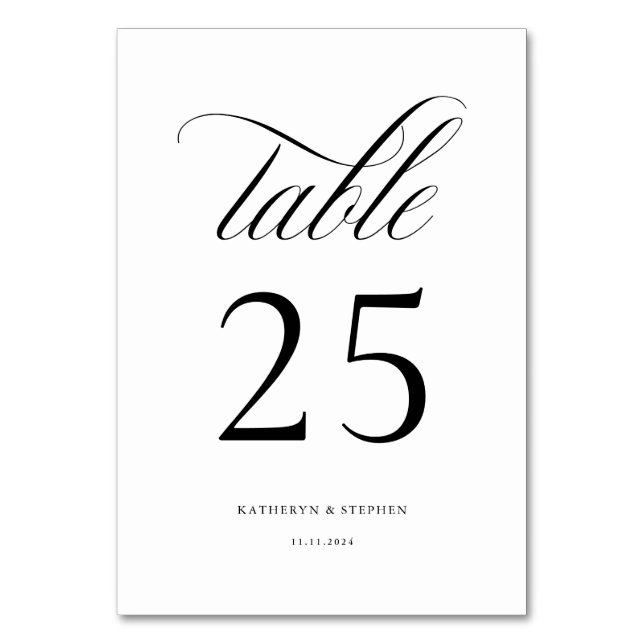Classic Script Elegant Wedding Table Number 25 (Front)