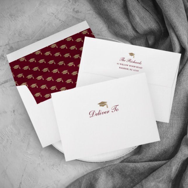 Classic Script Gold Cap Graduation Invitation Envelope (Elegant calligraphy gold and maroon graduation invitation announcement return address envelope.)