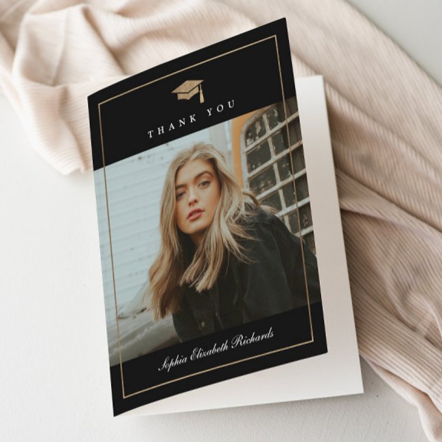 Classic Script Gold Photo Graduation Thank You Card (Elegant Gold Graduation Cap Black and White Photo Graduation Thank You Cards. )