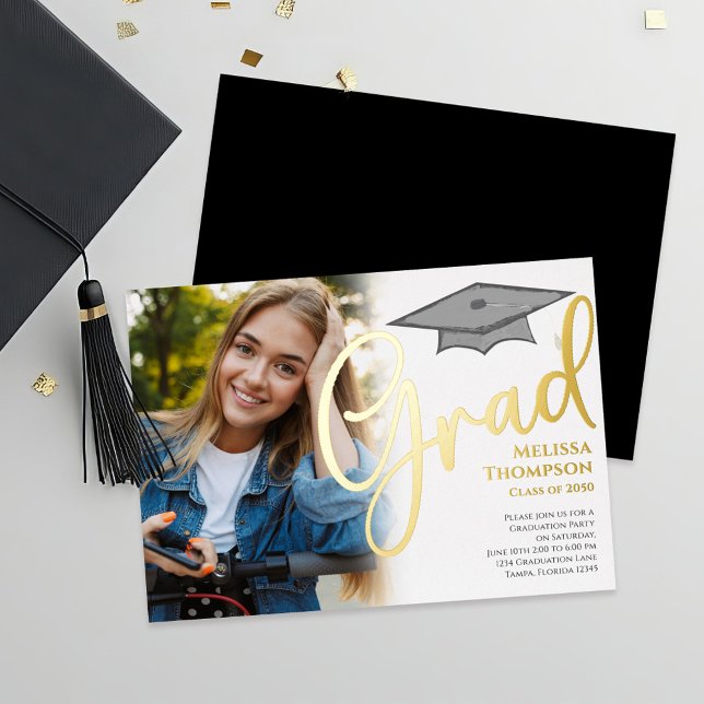 Classic Script Graduation Photo Template Gold (Gold foil graduation photo invitation announcement. )