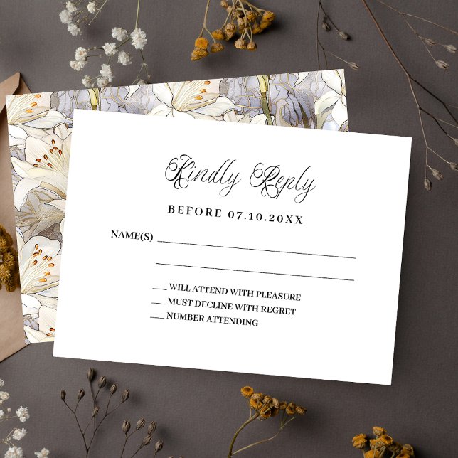 Classic script lilies wedding response RSVP Card (Creator Uploaded)
