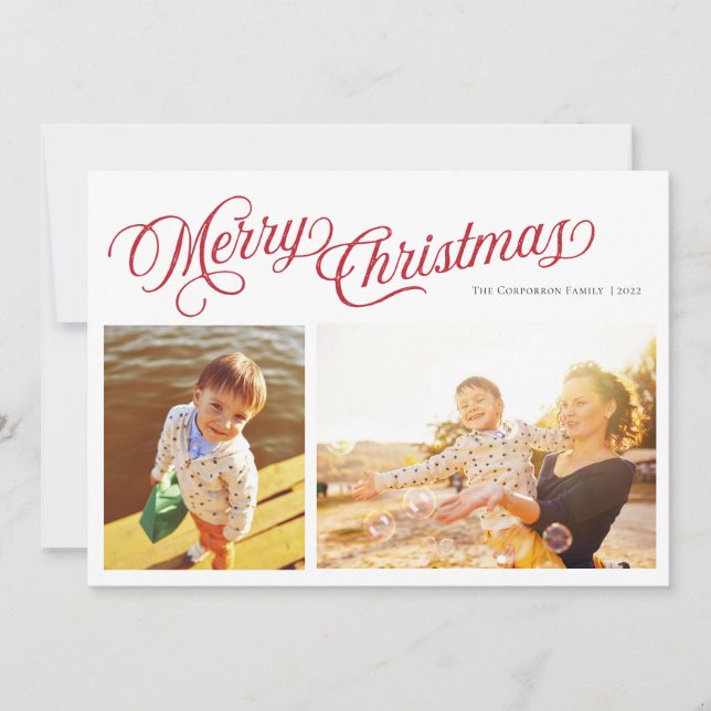 Classic Script Merry Christmas | Red 2 photo Holid Holiday Card (Front)