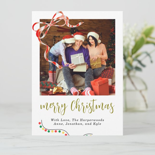 Classic Script Merry Christmas Ribbon Accent  Holiday Card (Standing Front)