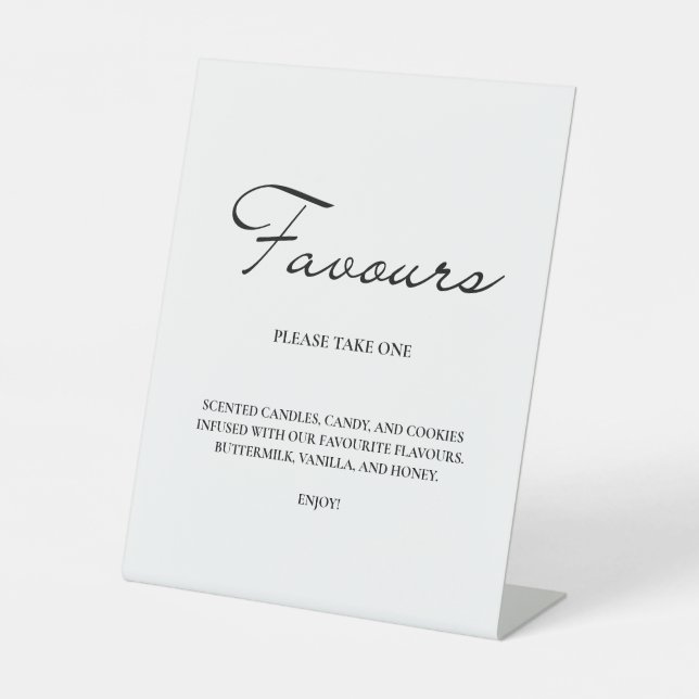 Classic Script Minimalist Favours White Wedding Pedestal Sign (Front)