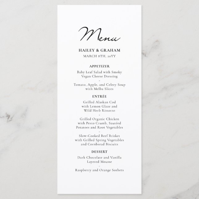 Classic Script Minimalist White Wedding Menu (Front)