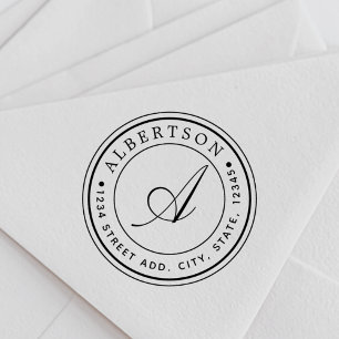 Classic Script Monogram Round Return Address Name Rubber Stamp