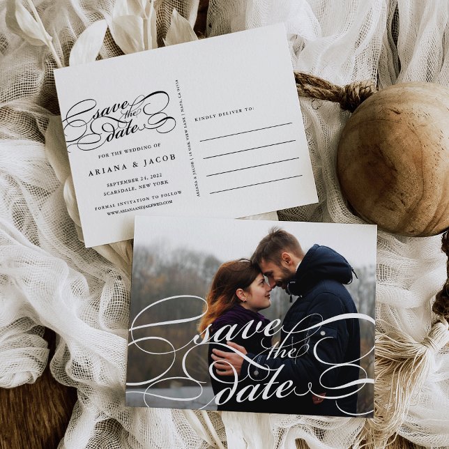 Classic Script Overlay Photo Save the Date Announcement Postcard (Creator Uploaded)