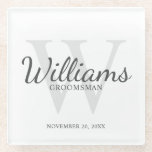 Classic Script Personalized Groomsmen Glass Coaster<br><div class="desc">Add a personal touch to your wedding with personalized groomsmen glass coaster. This coaster features personalized groomsman's name in grey classic script font style with wedding details in grey classic serif font style and monogram in light grey classic serif font style as background, on white background. Also perfect for best...</div>