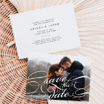 Classic Script | Photo Save the Date Card<br><div class="desc">Elegant save the date cards feature your favourite photo in dramatic full-bleed,  with "save the date" overlaid in white calligraphy script adorned with swashes. Personalize the reverse side with your wedding details,  including names,  date,  location,  and additional information like your wedding website.</div>