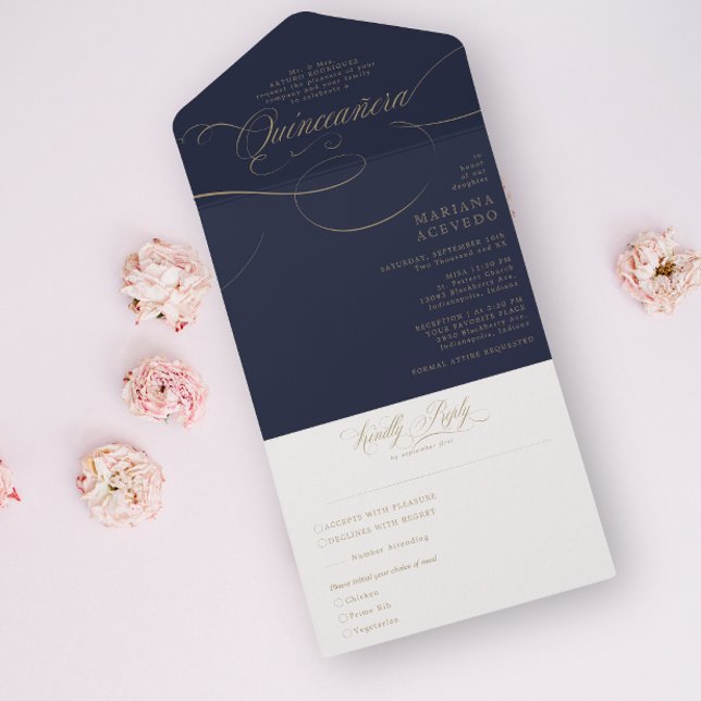 Classic Script Traditiona Wording Navy Quinceañera All In One Invitation (Creator Uploaded)