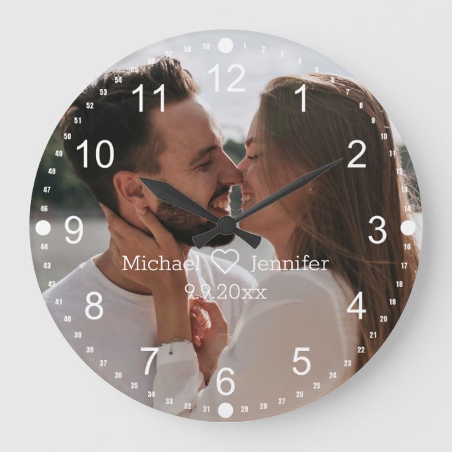 classic script wedding day photo round clock (Front)
