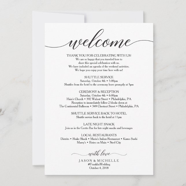 Classic Script Wedding Itinerary - Wedding Welcome Invitation (Front)