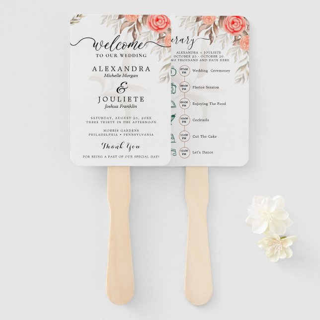 Classic Script Wedding Program and Timeline Hand F Hand Fan (Front and Back)