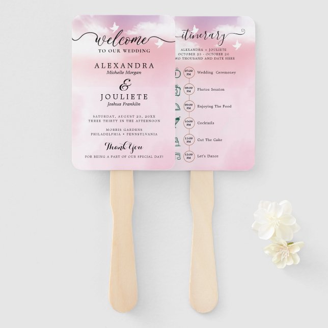 Classic Script Wedding Program and Timeline Hand F Hand Fan (Front and Back)