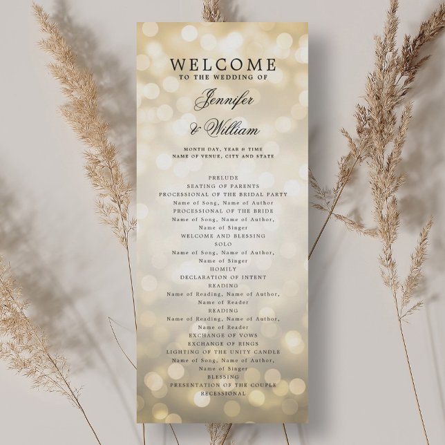 Classic Script Wedding Program Gold Bokeh Lights (Classic Script Wedding Program Gold Bokeh Lights)