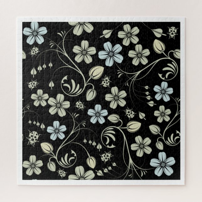 Classic seamless flowers pattern, black background jigsaw puzzle (Vertical)