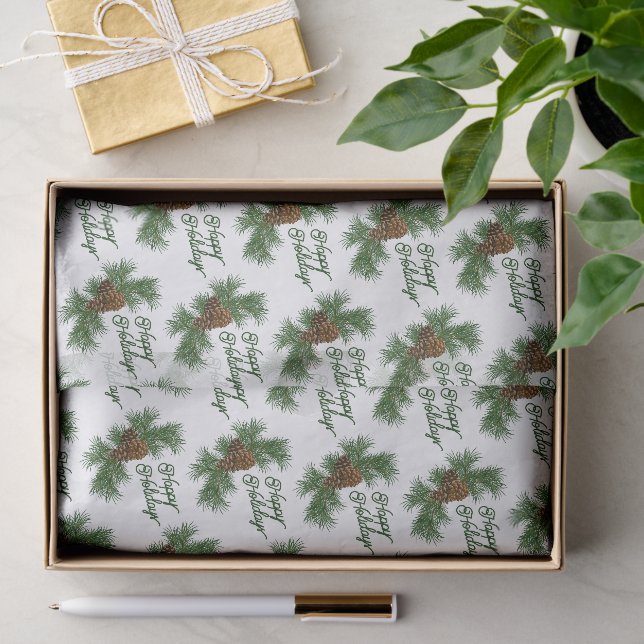 Classic Seasonal Pinecones Happy Holidays Wish Tissue Paper (Gift)