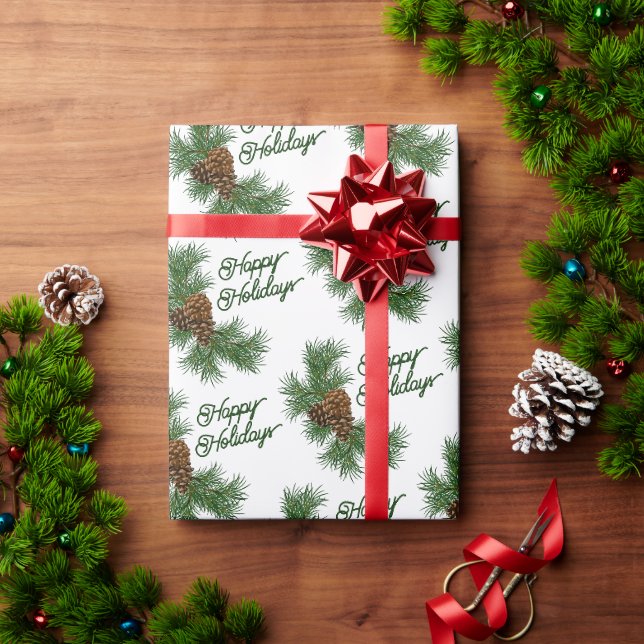 Classic Seasonal Pinecones Happy Holidays Wish Wrapping Paper (Holiday Gift)