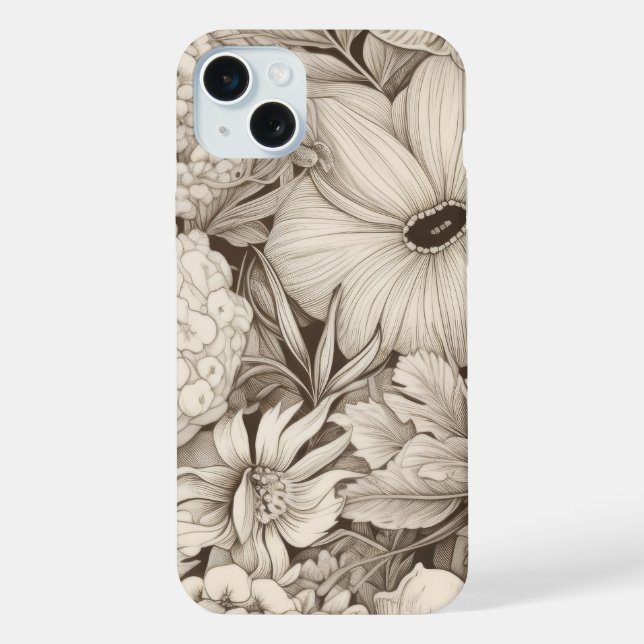 Classic Sepia Floral Ivory Botanical Elegance iPhone Case (Back)