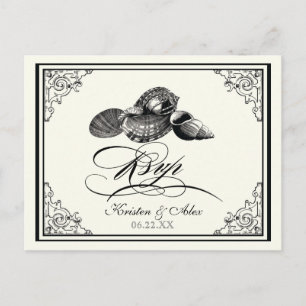 Classic Shells Black Cream Wedding Postcard RSVP