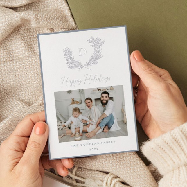 Classic Silver Blue and White Monogram Crest Photo Foil Holiday Card (Blue and silver foil monogram botanical crest wreath holiday card.)