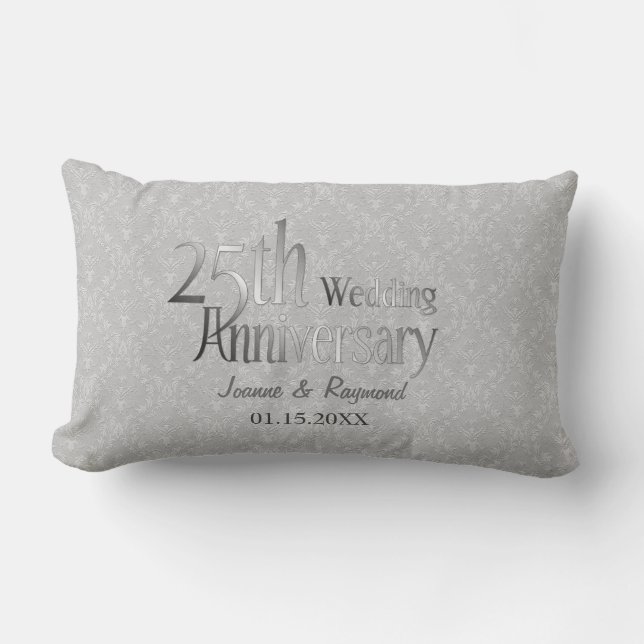 Classic Silver Damask 25th Wedding Anniversary Lumbar Pillow (Front)