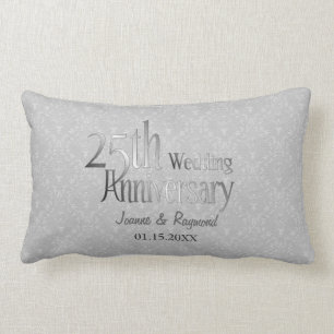 Classic Silver Damask 25th Wedding Anniversary Lumbar Pillow