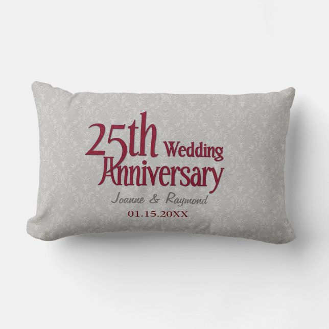Classic Silver Damask 25th Wedding Anniversary Lumbar Pillow (Front)