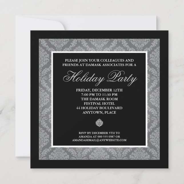 Classic Silver Damask Corporate Holiday Party Invitation (Front)