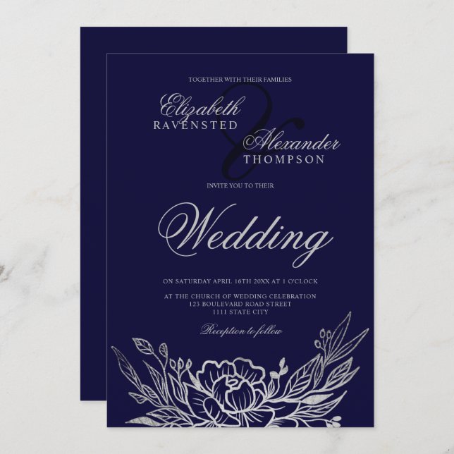 Classic silver floral peonies blue wedding invitation (Front/Back)