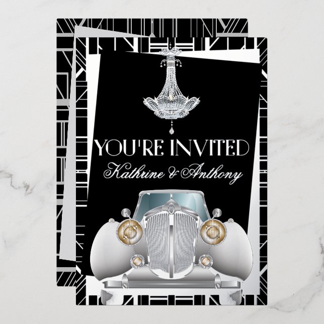 Classic SILVER Gatsby Deco Wedding Foil Invitation (Front/Back)