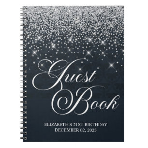 Classic Silver Glitter Black 21st Bday Guestbook Notebook