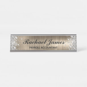 Classic Silver Glitter Faux Gold Foil Desk Name Plate