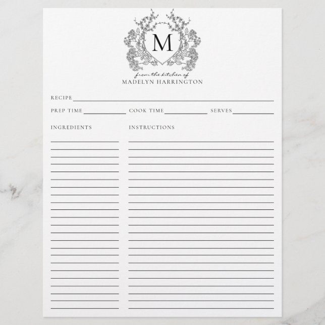 Classic Simple Black Floral Crest Monogram Recipe (Front)