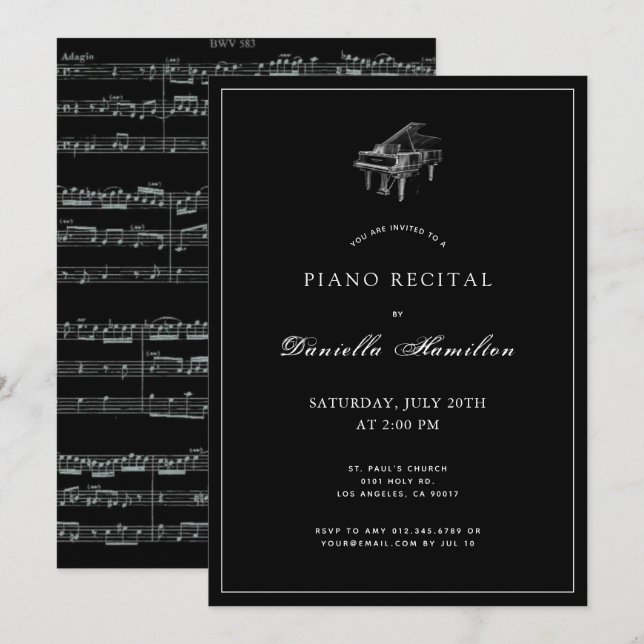 Classic Simple Black Piano Recital Invitation (Front/Back)