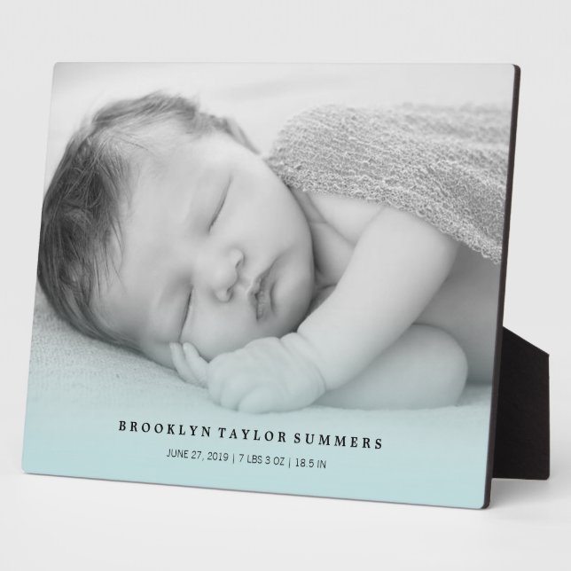Classic Simple Blue Gradient New Baby Photo Easel Plaque (Side)