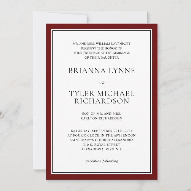 Classic Simple Elegance Burgundy Edging Wedding Invitation (Front)