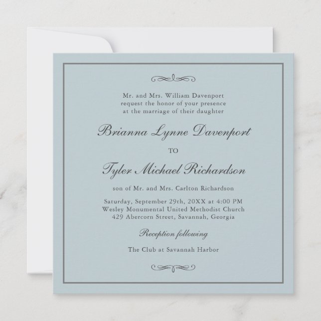 Classic Simple Elegance Dusty Blue Square Wedding Invitation (Front)
