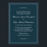 Classic Simple Elegance Navy Blue Wedding Invitation<br><div class="desc">A classic tasteful wedding invitation with elegant simplicity, this versatile design features a navy blue background with a thin lined border in white surrounding your text and embellished with calligraphy flourishes. You can add, remove or adjust the placement of the text to suit your needs. The ever popular white background...</div>