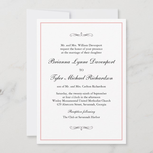 Classic Simple Elegance Wedding Blush Border Invitation (Front)