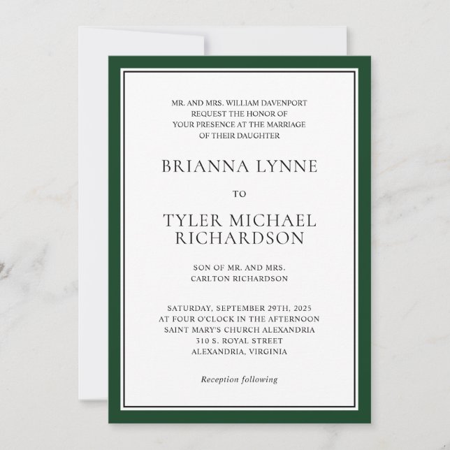 Classic Simple Elegant Forest Green Edging Wedding Invitation (Front)