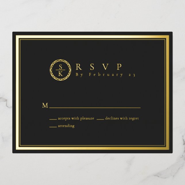 Classic Simple Elegant Gold Black Wedding RSVP Foil Invitation Postcard (Front)