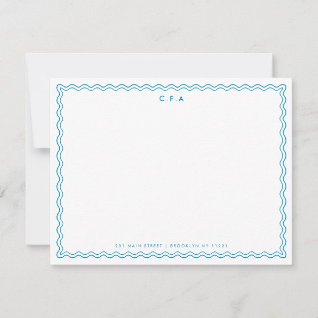Classic Simple Formal Blue 3 Monogram Wave Border Card (Front)