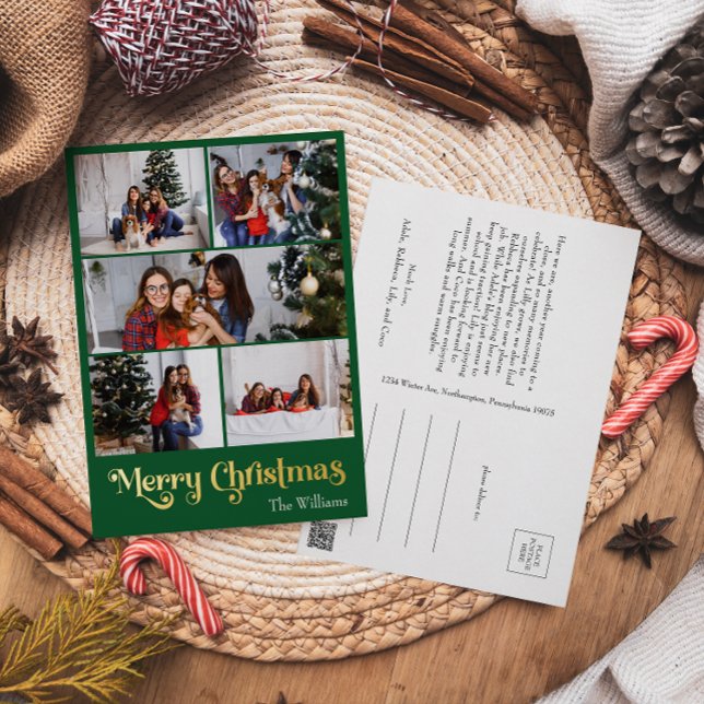 Classic Simple Green 5 Photo Merry Christmas Gold Foil Holiday Postcard (Creator Uploaded)