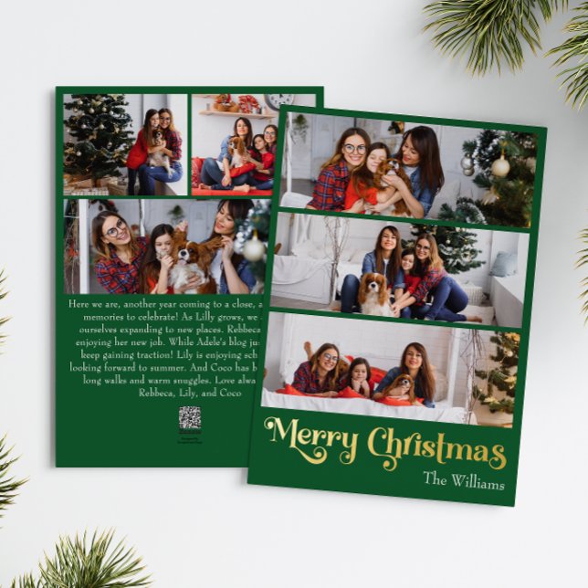 Classic Simple Green 6 Photo Merry Christmas Gold Foil Holiday Card (Creator Uploaded)