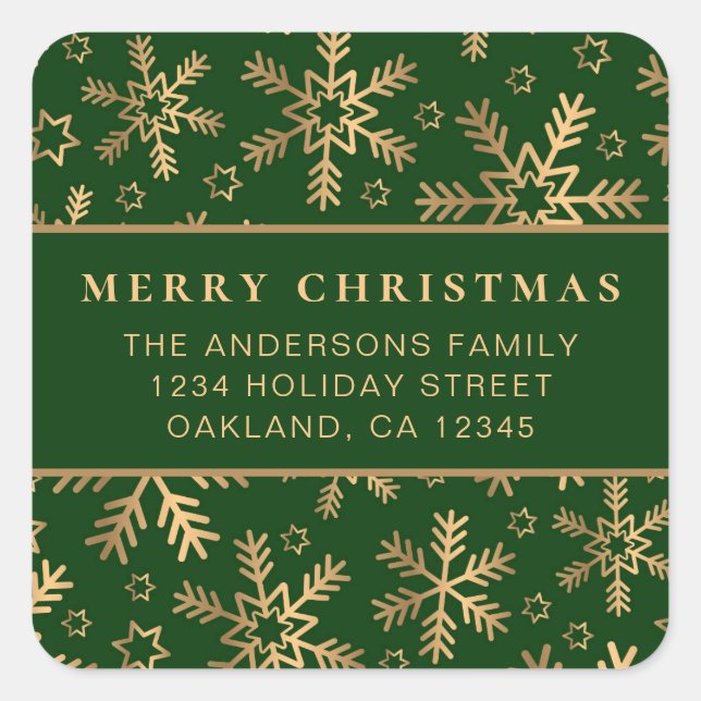 Classic Simple Green Gold Christmas Snowflakes Square Sticker (Front)
