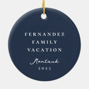 Classic simple navy herringbone personalized photo ceramic ornament