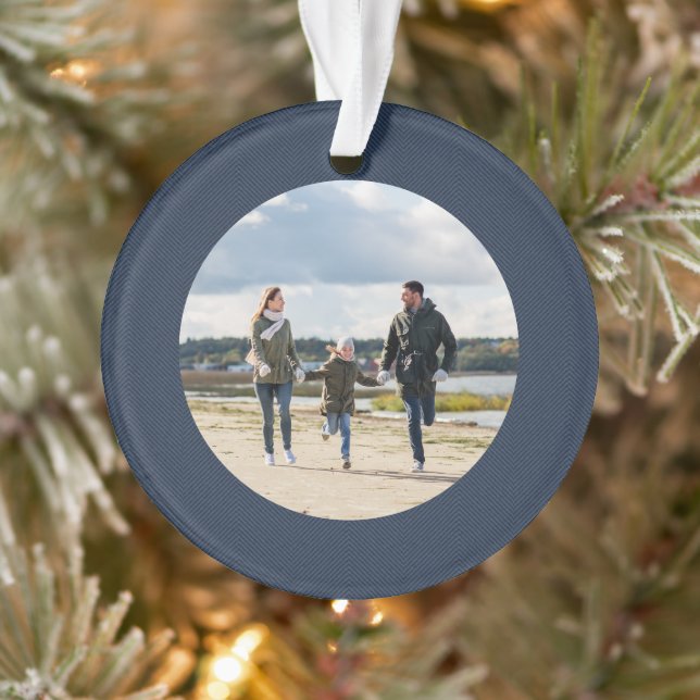 Classic simple navy herringbone personalized photo ornament (Tree)