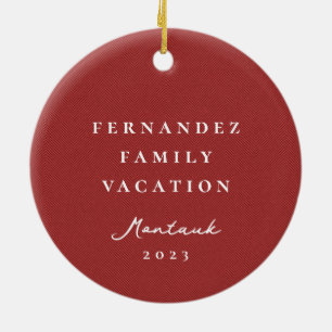 Classic simple red herringbone personalized photo ceramic ornament